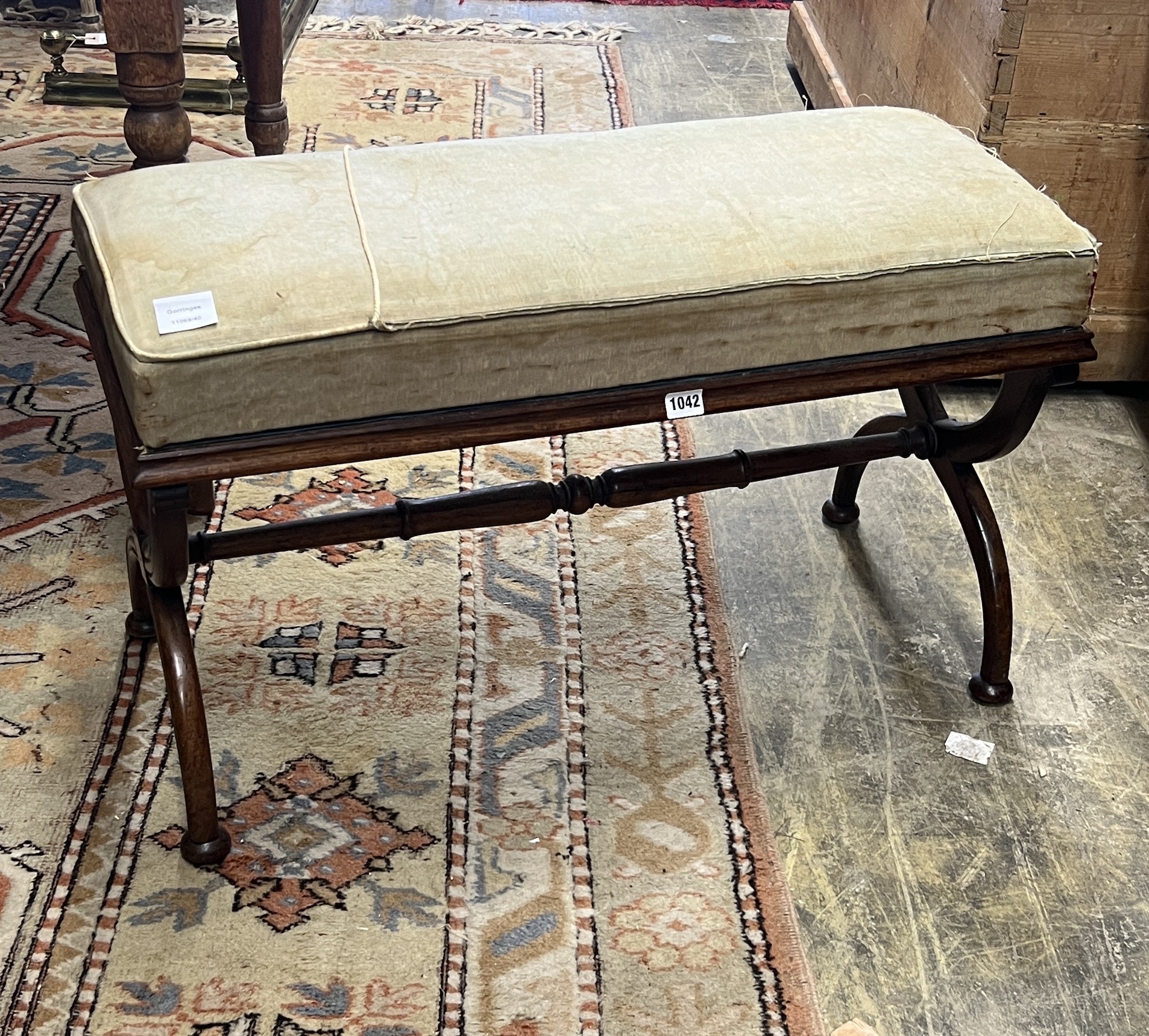 A Regency rosewood X-framed window seat, width 80cm, depth 34cm, height 48cm